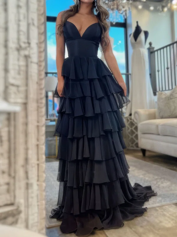 Ball Gown V-neck Chiffon Ruffle Tiered Prom Dresses #UKM020127650