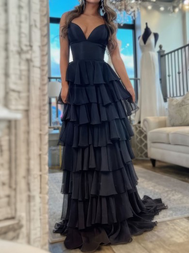 Ball Gown V-neck Chiffon Ruffle Tiered Prom Dresses #UKM020127650