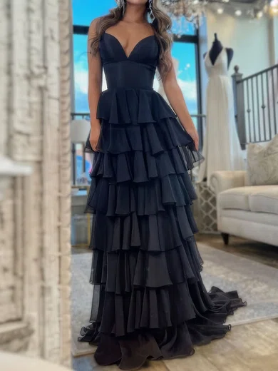 Ball Gown V-neck Chiffon Ruffle Tiered Prom Dresses #UKM020127650
