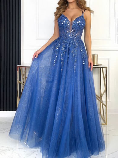 Ball Gown V-neck Tulle Prom Dresses With Appliques #UKM020127655