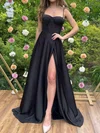 Black A-line Sweetheart Satin Corset Prom Dresses With Split #UKM020127657