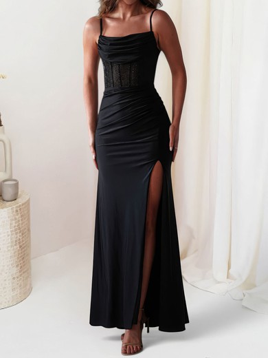 Sheath/Column Cowl Neck Jersey Corset Prom Dresses With Beading #UKM020127672