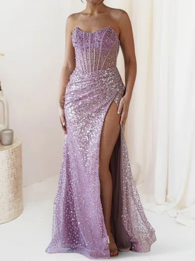 Sheath/Column Strapless Sparkly Sequin Prom Dresses With Ruched #UKM020127673