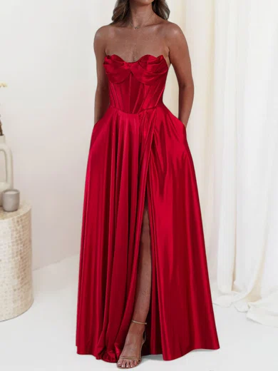 A-line Strapless Corset Satin Prom Dresses with Ruched #UKM020127674