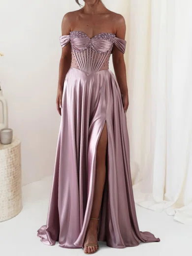 A-line Off-the-shoulder Satin Corset Prom Dresses With Beading #UKM020127675