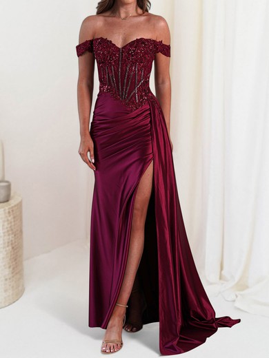Sheath/Column Off-the-shoulder Satin Prom Dresses With Appliques #UKM020127678