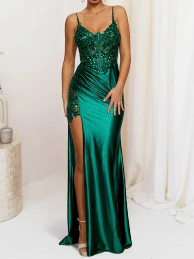 Sheath/Column V-neck Glitter Corset Prom Dresses With Appliques #UKM020127682