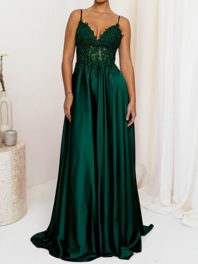 A-line V-neck Satin Prom Dresses With Appliques #UKM020127698