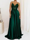A-line V-neck Satin Prom Dresses With Appliques #UKM020127698
