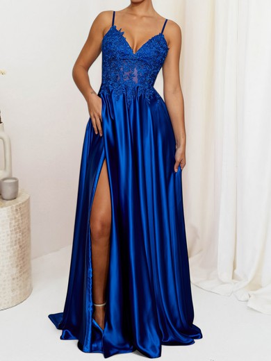 A-line V-neck Satin Prom Dresses With Appliques #UKM020127699