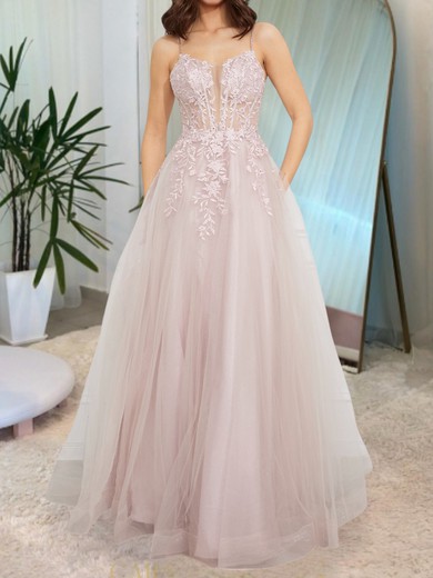 Ball Gown V-neck Tulle Prom Dresses With Appliques #UKM020127704