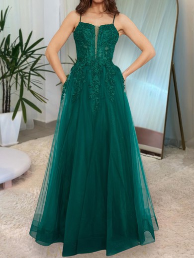 Ball Gown V-neck Tulle Prom Dresses With Appliques #UKM020127705