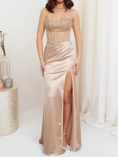 Sheath/Column Strapless Satin Corset Prom Dresses With Beading #UKM020127706