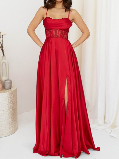 A-line Sweetheart Satin Corset Prom Dresses With Beading #UKM020127708