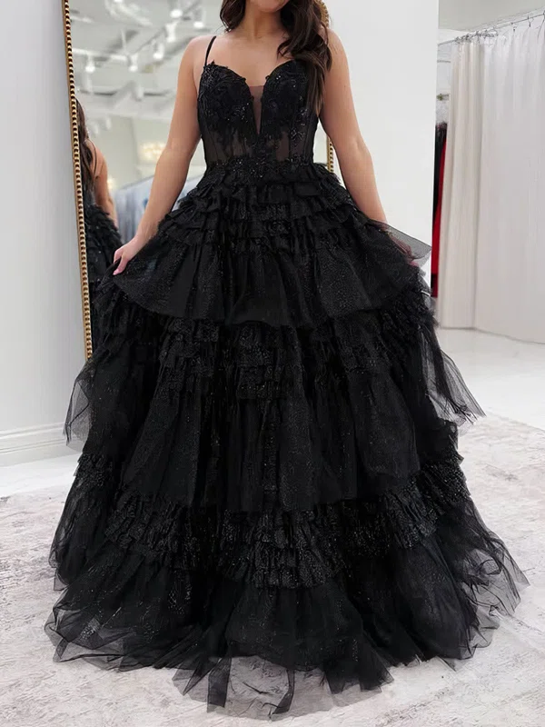 Ball Gown Sweetheart Tulle Ruffle Tiered Prom Dresses With Appliques #UKM020127738