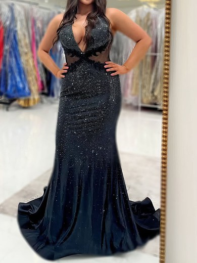 Black Mermaid Halter Satin Beaded Prom Dresses With Appliques #UKM020127739