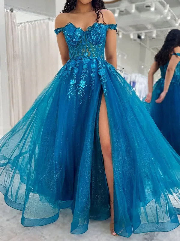 Ball Gown Off-the-shoulder Tulle Prom Dresses With Appliques #UKM020127741