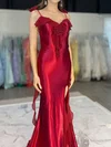 Burgundy Mermaid V-neck Satin Prom Dresses With Ruffle #UKM020127755