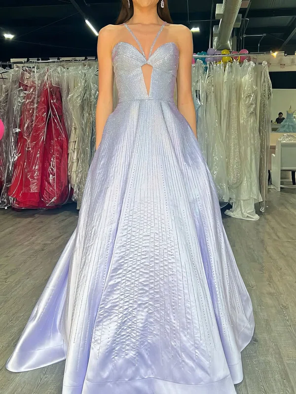 Ball Gown Halter Satin Floor-length Beaded Prom Dresses #UKM020127760