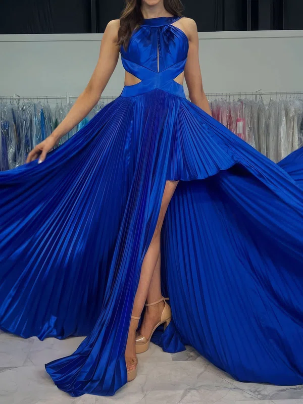 A-line Scoop Neck Satin Cut Out Prom Dresses With Ruched #UKM020127763