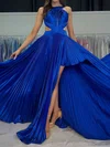 A-line Scoop Neck Satin Cut Out Prom Dresses With Ruched #UKM020127763