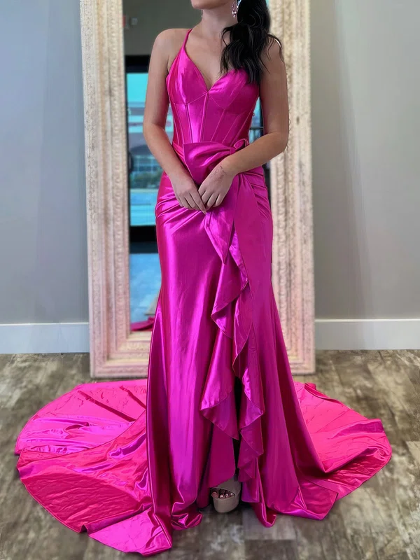 Sheath/Column V-neck Satin Corset Prom Dresses With Ruched #UKM020127768