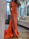 Sheath/Column V-neck Jersey Prom Dresses With Split #UKM020127772