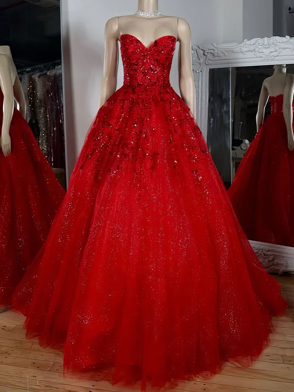 Ball Gown Strapless Tulle Prom Dresses With Appliques #UKM020127786
