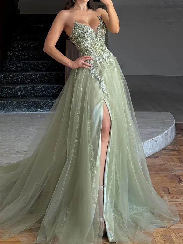 Ball Gown V-neck Tulle Corset Prom Dresses With Appliques #UKM020127791