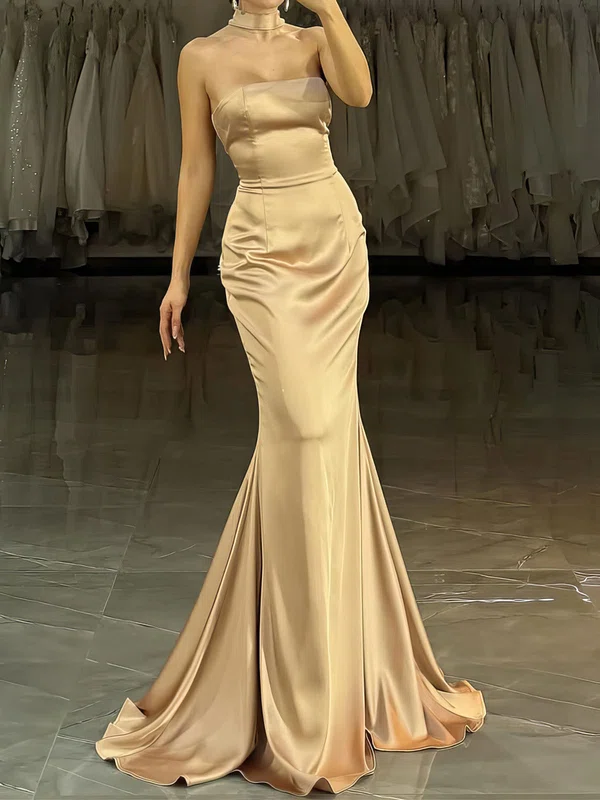 Mermaid Strapless Satin Modest Prom Dresses #UKM020127796