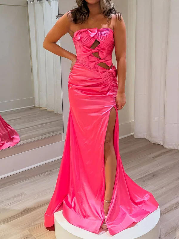 Sheath/Column Strapless Satin Cut Out Prom Dresses With Ruched #UKM020127798