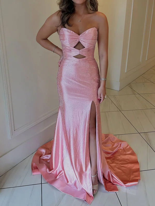 Mermaid Strapless Satin Cut Out Beaded Prom Dresses #UKM020127804