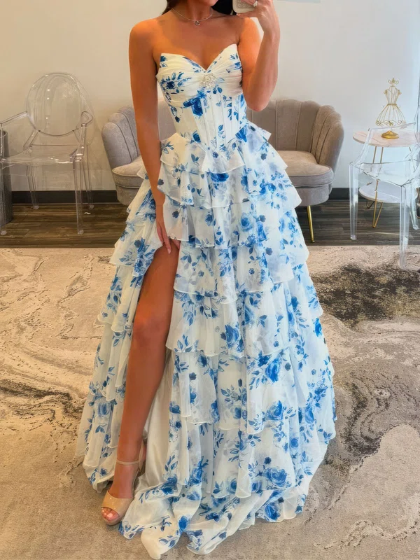 Ball Gown Strapless Satin Chiffon Ruffle Tiered Prom Dresses #UKM020127807