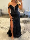 Black Sheath/Column Off-the-shoulder Sparkly Sequin Prom Dresses #UKM020127808