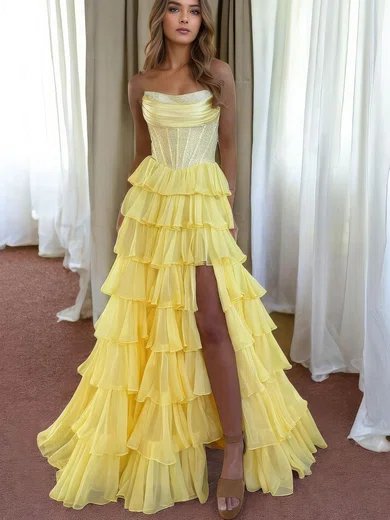 Ball Gown Strapless Satin Chiffon Tiered Prom Dresses With Beading #UKM020127819