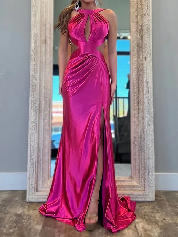 Sheath/Column Scoop Neck Satin Backless Cut Out Prom Dresses With Ruched #UKM020127825