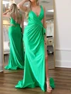 Sheath/Column V-neck Satin Cut Out Prom Dresses With Ruched #UKM020127832
