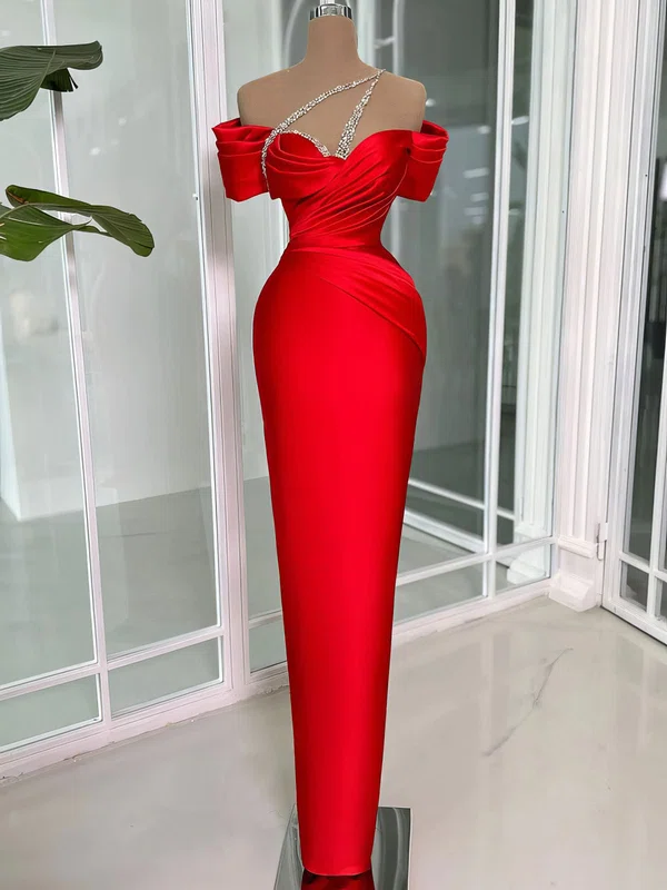 Red Sheath/Column One Shoulder Satin Prom Dresses With Beading #UKM020127845