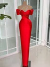 Red Sheath/Column One Shoulder Satin Prom Dresses With Beading #UKM020127845