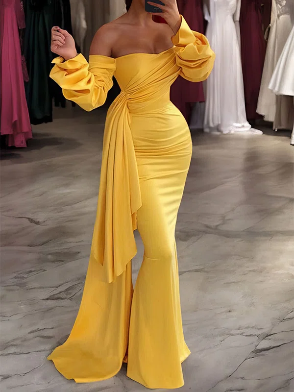 Mermaid Off-the-shoulder Long Sleeves Satin Prom Dresses With Ruched #UKM020127846