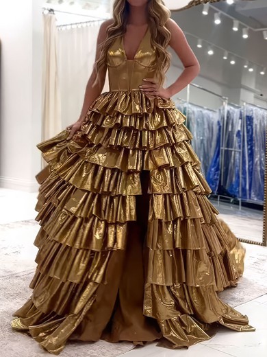 Ball Gown Halter Metallic Ruffle Tiered Prom Dresses #UKM020127848