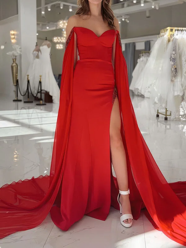 Sheath/Column Stretch Crepe Off-the-shoulder Prom Dresses With Beading #UKM020127849