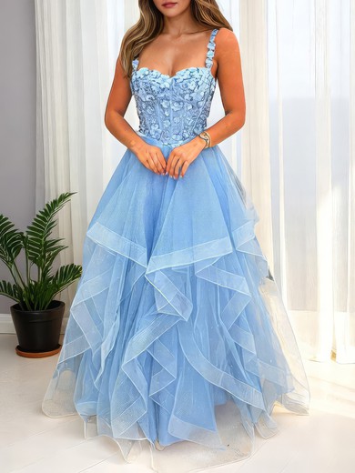 Princess Sweetheart Tulle Glitter Ruffle Prom Dresses With Appliques #UKM020127878