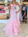Mermaid Strapless Tulle Ruffle Prom Dresses With Appliques #UKM020127895