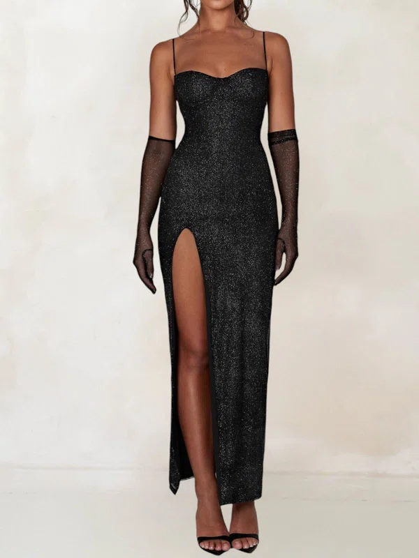 Glitter Black Sheath/Column Sweetheart Split Prom Dresses #UKM02028395