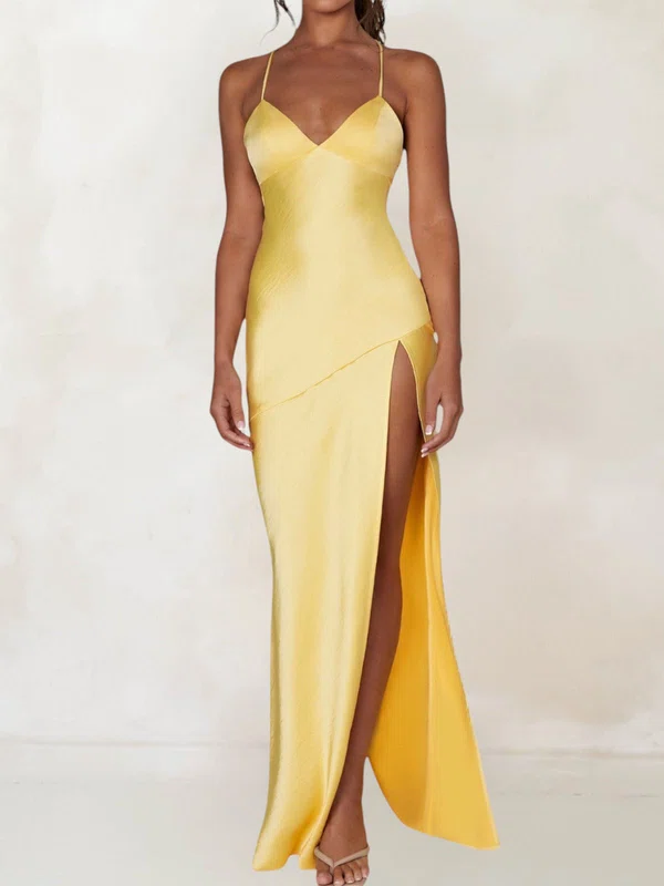 Petite Sheath/Column Satin V-neck Lace-Up Split Prom Dresses #UKM02028405