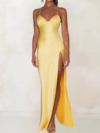 Petite Sheath/Column Satin V-neck Lace-Up Split Prom Dresses #UKM02028405