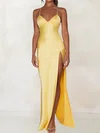 Petite Sheath/Column Satin V-neck Lace-Up Split Prom Dresses #UKM02028405