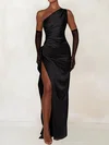 Elegant Black Satin Bodycon One Shoulder Ruffle Prom Dresses #UKM02028386