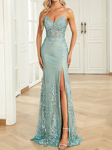 Sheath/Column V-neck Tulle Prom Dresses With Appliques #UKM020127899